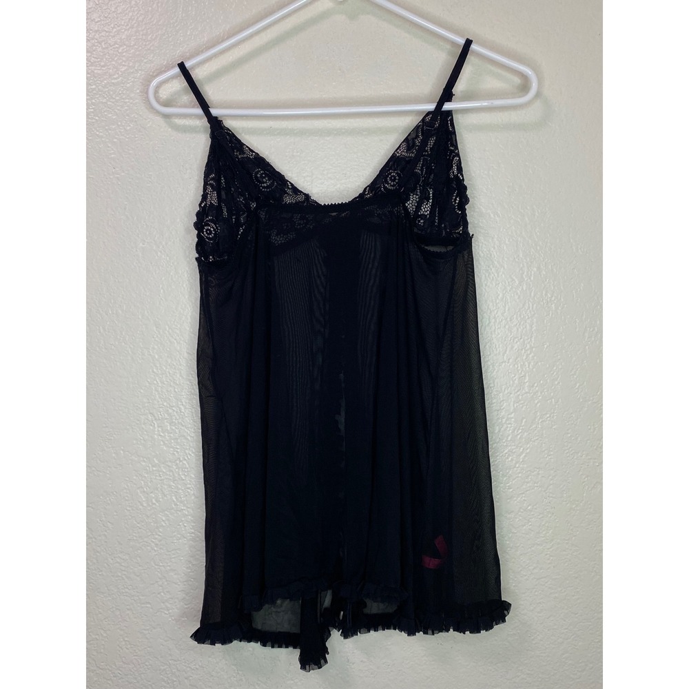 Madrag Black Sheer Mesh Lace Babydoll Chemise Lingerie Ruffle Trim Size Small